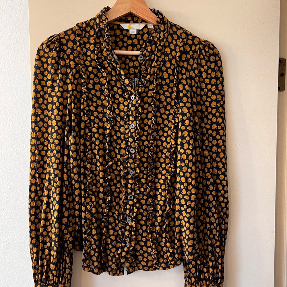 Floral Ruffle Blouse - Navy and Yellow